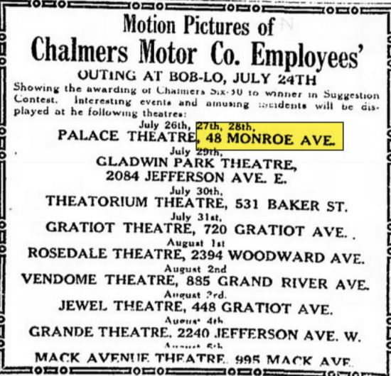 Jul 1916 ad Palace Theatre (Alhambra Theater), Detroit